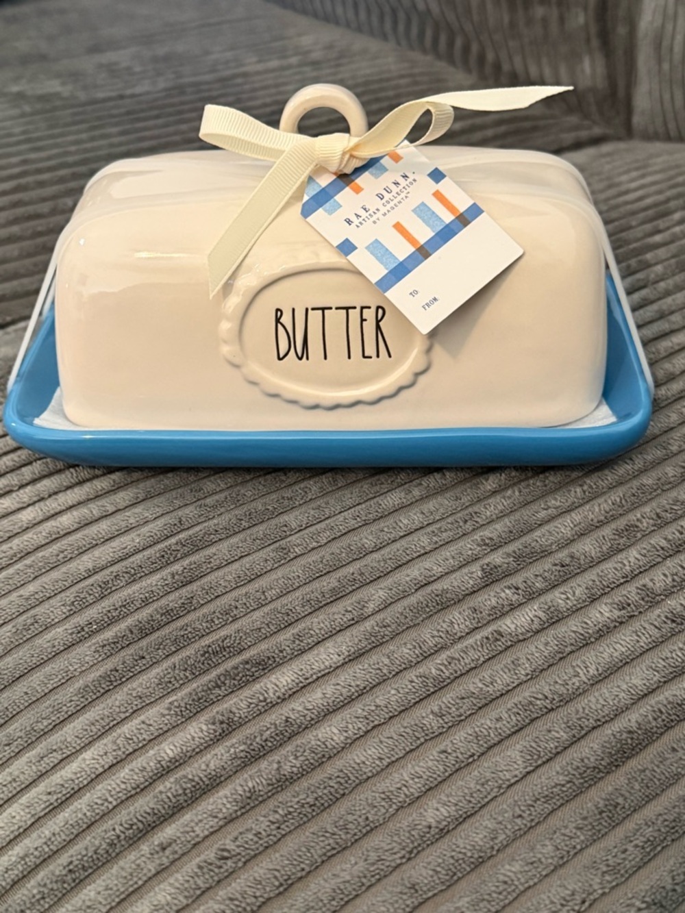 Rae Dunn Ceramic Butter Dish in White and Light Blue - Picture 5 of 8